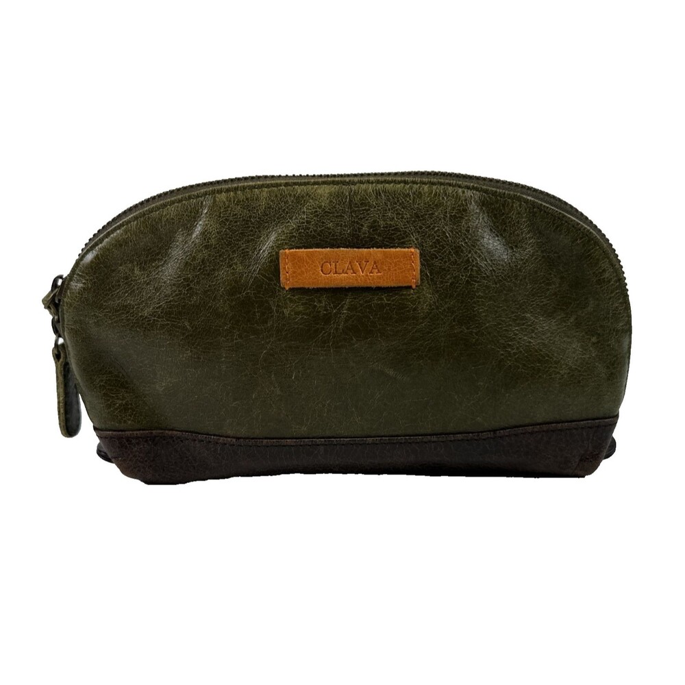 CLAVA Leather Accessory Clutch Pouch Green Brown Leather Zip Around Small Travel